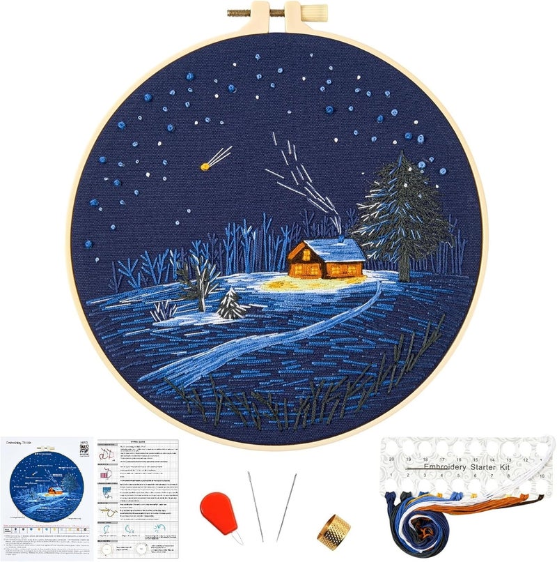 Crafmanoe Christmas Embroidery Kits for Beginners Adults, Winter Hand Embroidery Starter Kits, Christmas Cross Stitch Kits for Beginners Needlepoint DIY Kits for Adults, Embroidery Hoop, Thread & Video Tutorial - Image 1